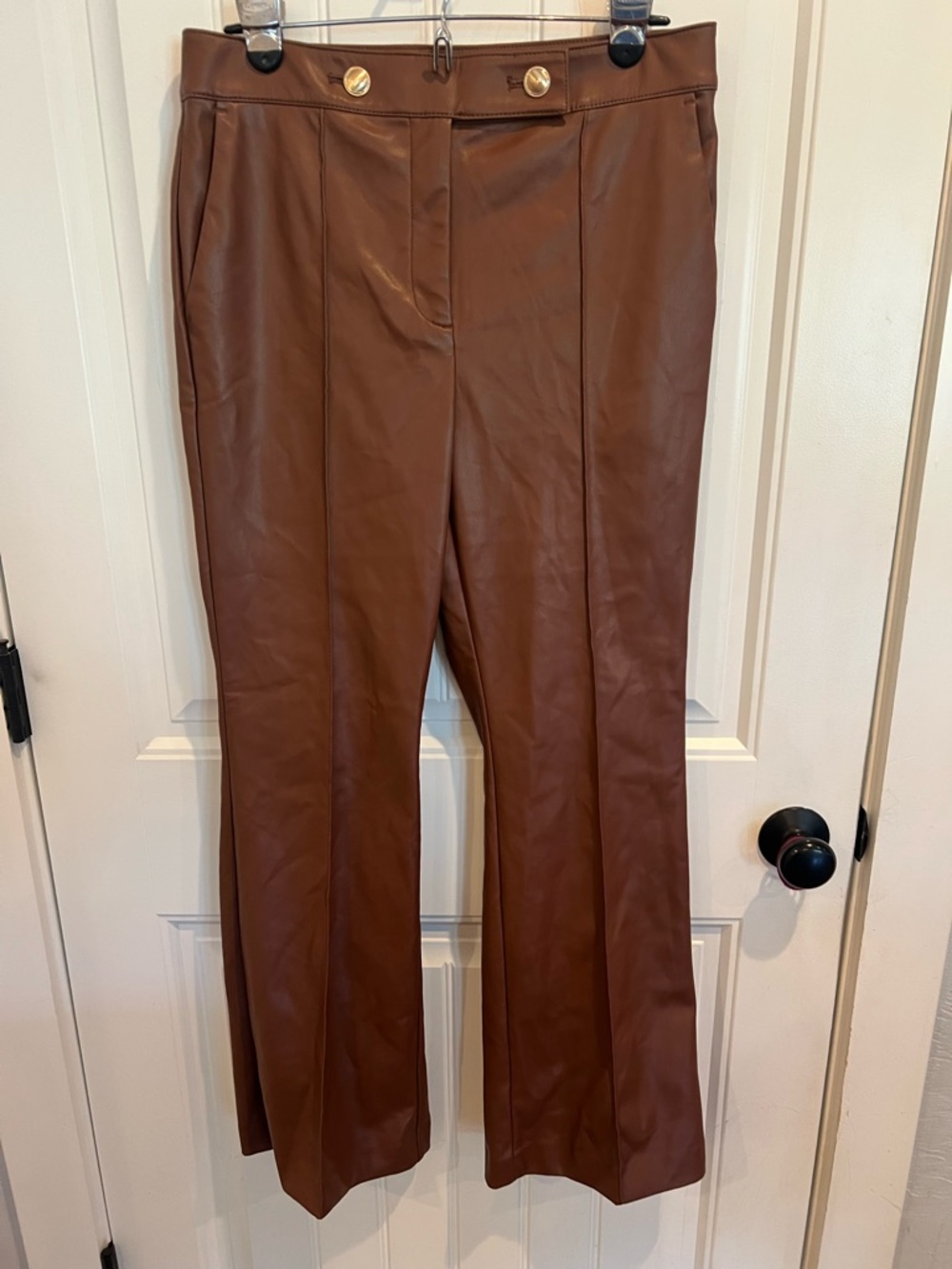 LOFT faux, leather flare, pants, brown, high-rise boot, cut chic tailored 8
